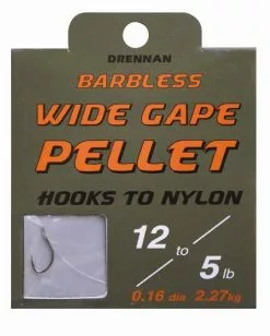 Drennan Wide Gape Pellet Hooks To Nylon - Barbless Size 10 To 6lb